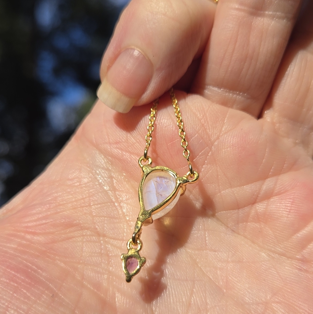 Moonstone & Amethyst Natural Gemstone Sterling & Gold 18" Necklace - Picture 10 of 13